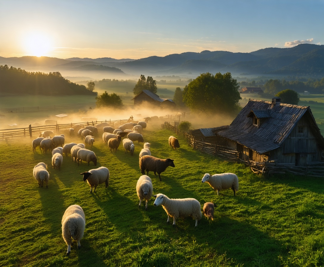 Letecký pohľad na tradičnú slovenskú ovčiu farmu v regióne Liptov počas západu slnka