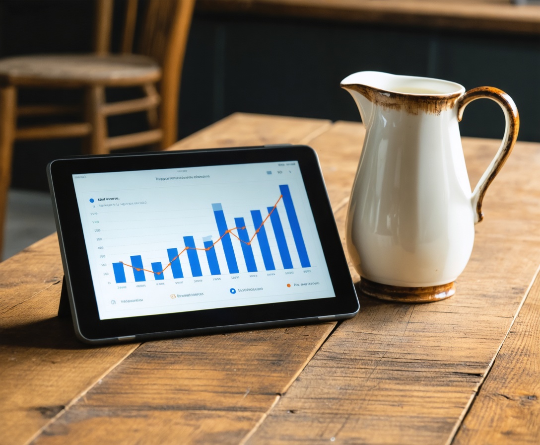 Detail moderného digitálneho tabletu zobrazujúceho grafy rastu biznisu na drevenom stole